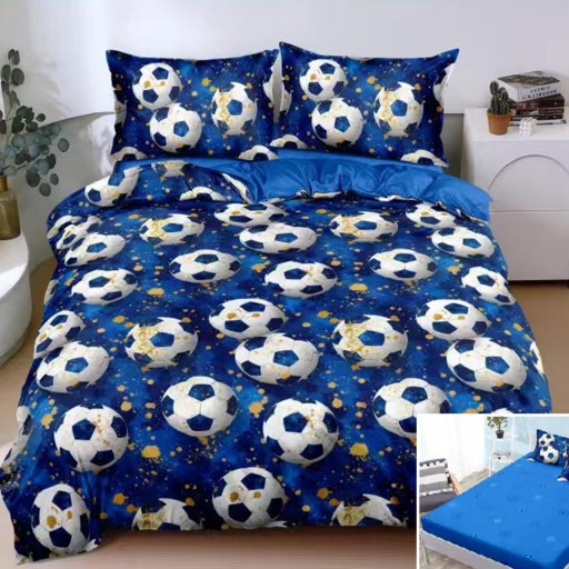 Lenjerie de pat, 2 persoane, bumbac satinat, 4 piese, cu elastic, albastru , cu mingi de fotbal, LS4189