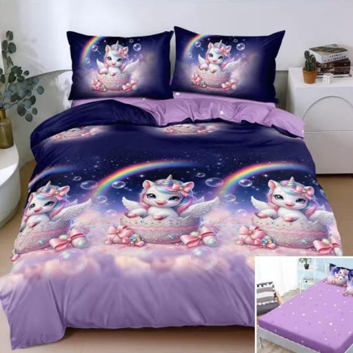 Lenjerie de pat, 2 persoane, bumbac satinat, 4 piese, cu elastic, albastru și mov, cu unicorni, LS4190