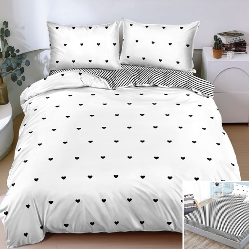 Lenjerie de pat, 2 persoane, bumbac satinat, 4 piese, cu elastic, alb , cu inimi și linii negre, LS4191