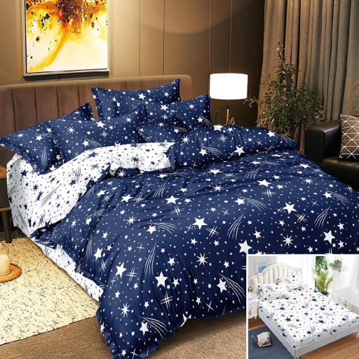 Lenjerie de pat, 2 persoane, bumbac satinat, 4 piese, cu elastic, albastru si alb, cu stelute, LS453