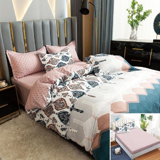 Lenjerie de pat, 2 persoane, bumbac satinat, 4 piese, cu elastic, crem si albastru, cu model, LS457