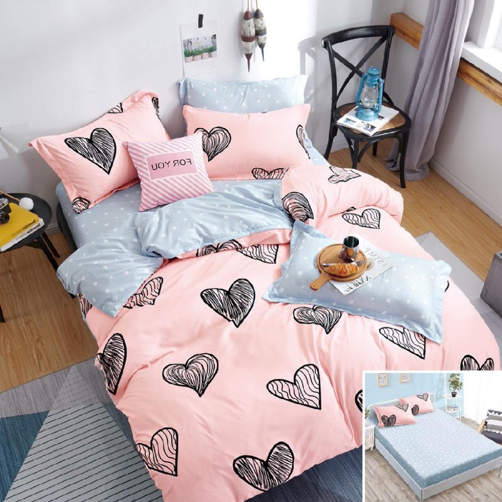 Lenjerie de pat, 2 persoane, bumbac satinat, 4 piese, cu elastic, roz si gri, cu inimioare negre, LS460