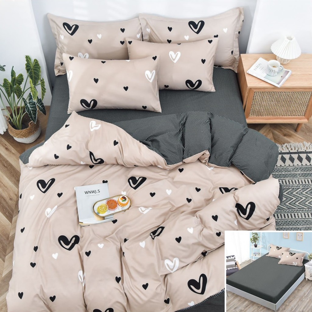 Lenjerie de pat, 2 persoane, bumbac satinat, 4 piese, cu elastic, crem și negru, cu inimioare, LS468