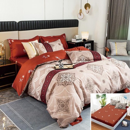 Lenjerie de pat, 2 persoane, bumbac satinat, 4 piese, cu elastic, roșu și bej, cu imprimeu, LS472