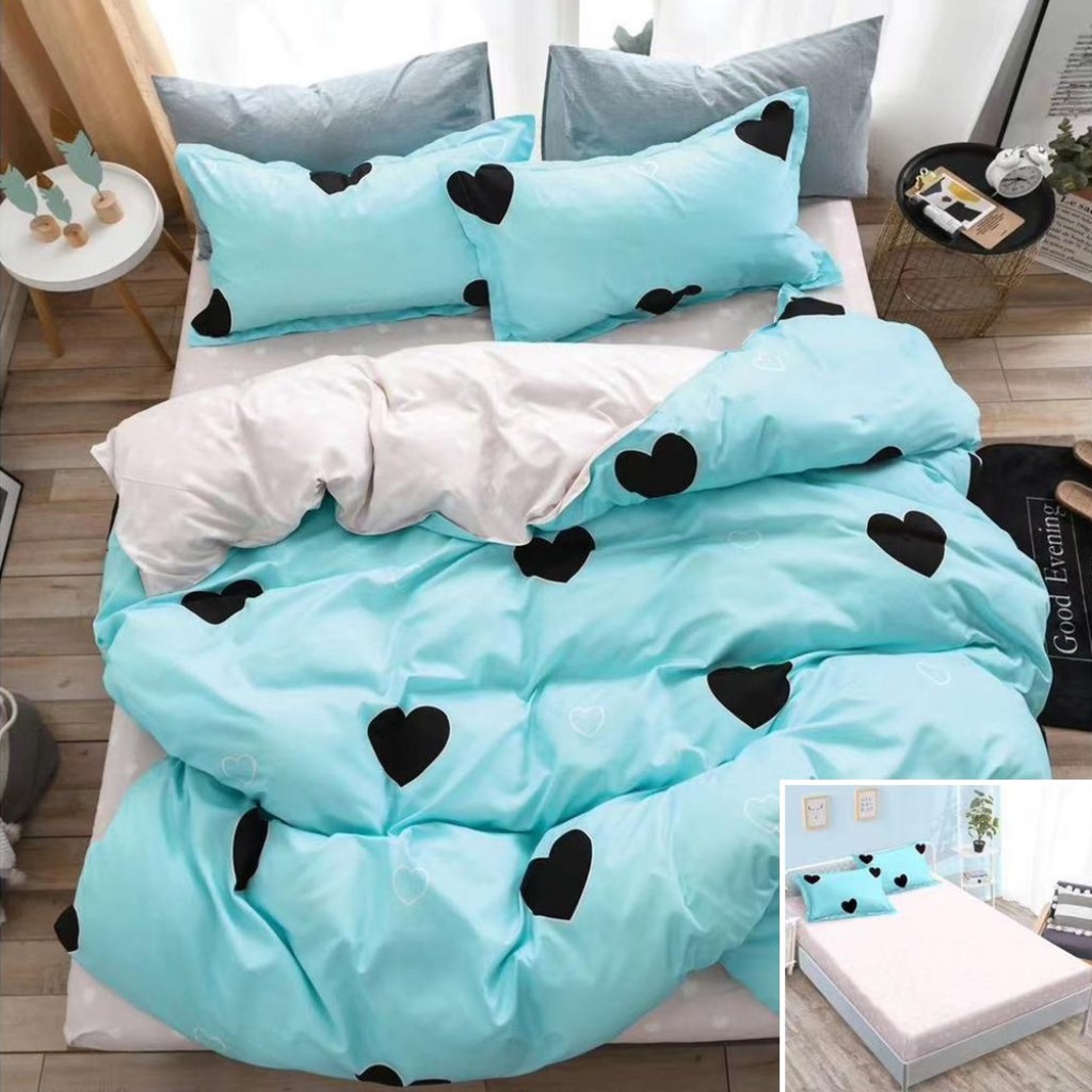 Lenjerie de pat, 2 persoane, bumbac satinat, 4 piese, cu elastic, albastru și alb, cu inimioare negre, LS476