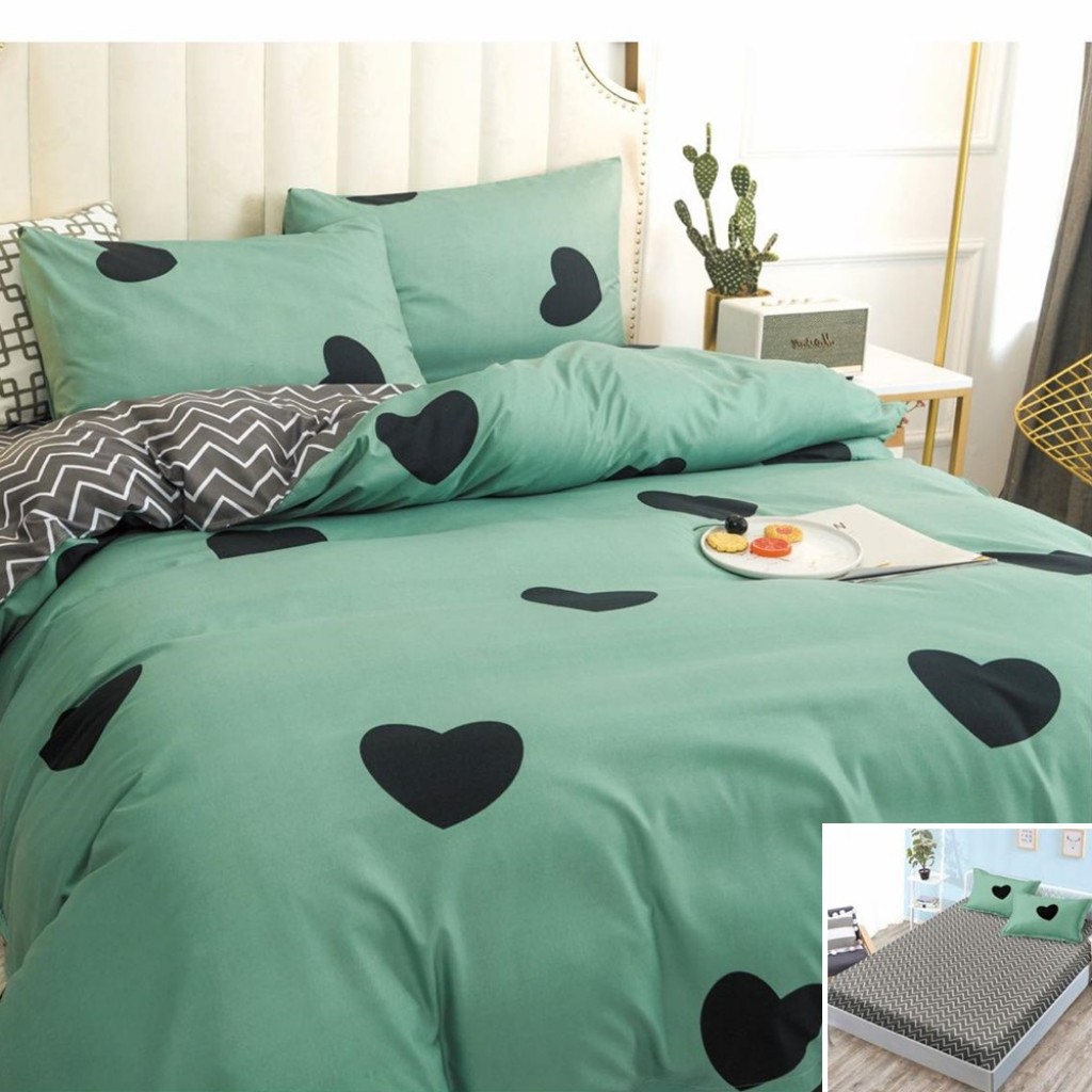 Lenjerie de pat, 2 persoane, bumbac satinat, 4 piese, cu elastic, verde și gri, cu inimioare negre, LS477