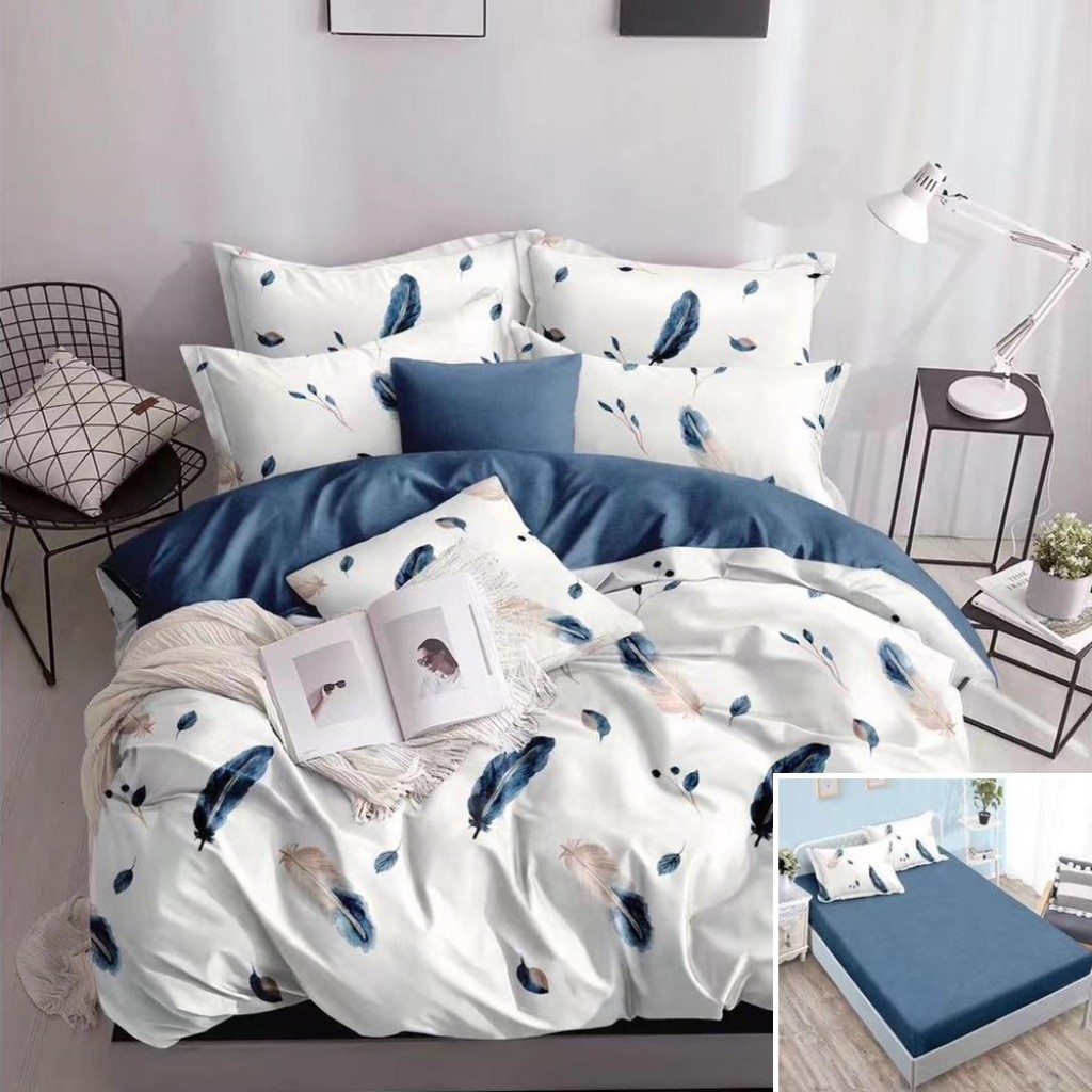 Lenjerie de pat, 2 persoane, bumbac satinat, 4 piese, cu elastic, alb și albastru, cu pene albastre, LS480