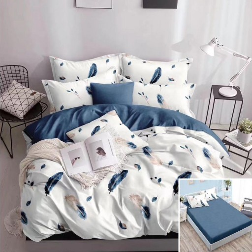 Lenjerie de pat, 2 persoane, bumbac satinat, 4 piese, cu elastic, alb și albastru, cu pene albastre, LS480