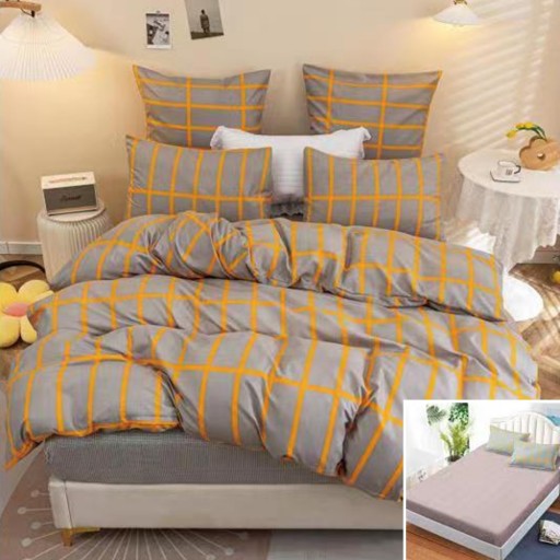 Lenjerie de pat, 2 persoane, bumbac satinat, 4 piese, cu elastic, gri , cu linii aurii, LS482