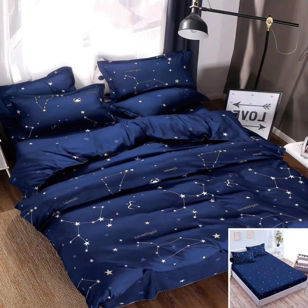 Lenjerie de pat, 2 persoane, bumbac satinat, 4 piese, cu elastic, albastru, cu stele albe, LS486