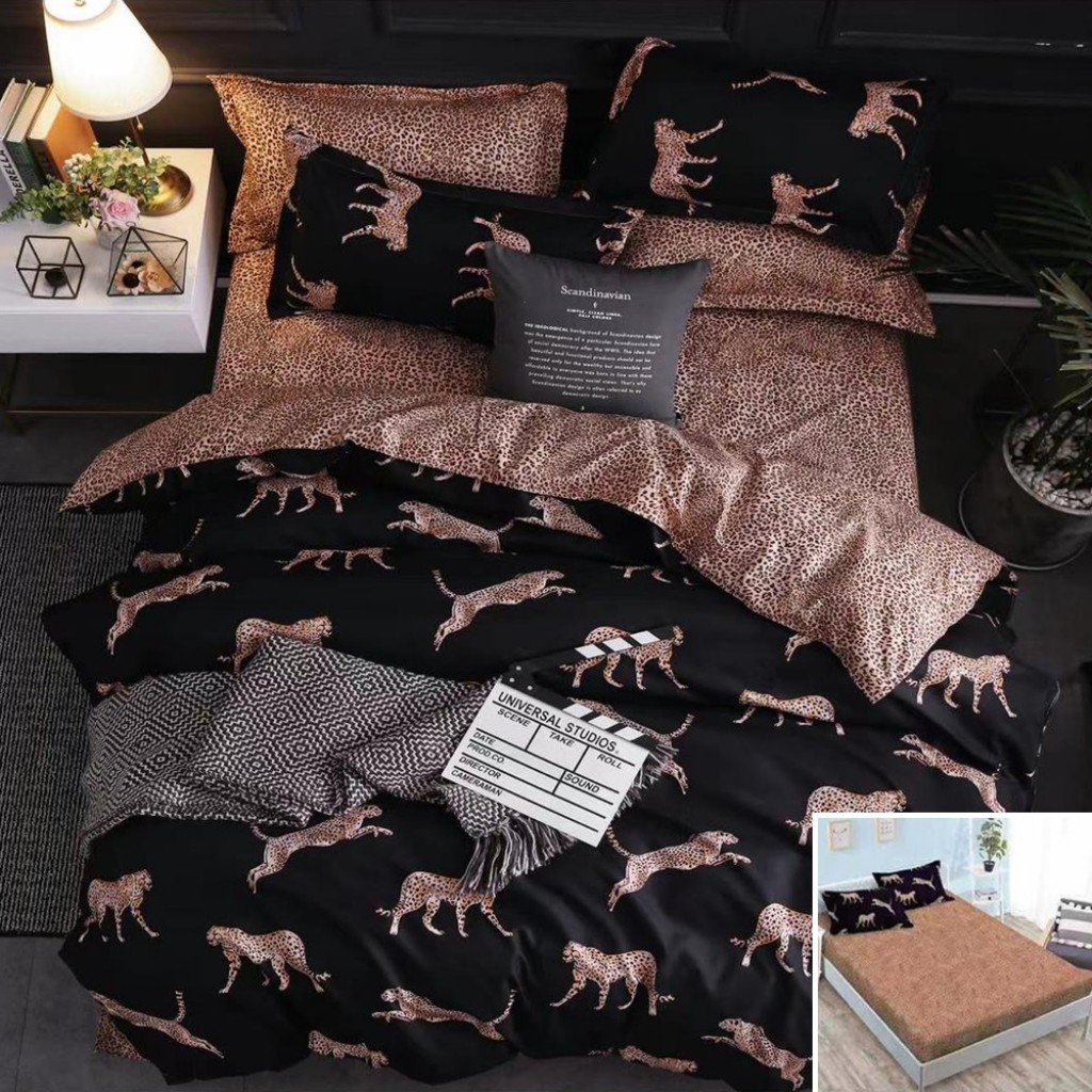 Lenjerie de pat, 2 persoane, bumbac satinat, 4 piese, cu elastic, negru și maro, cu imprimeu leopard, LS489