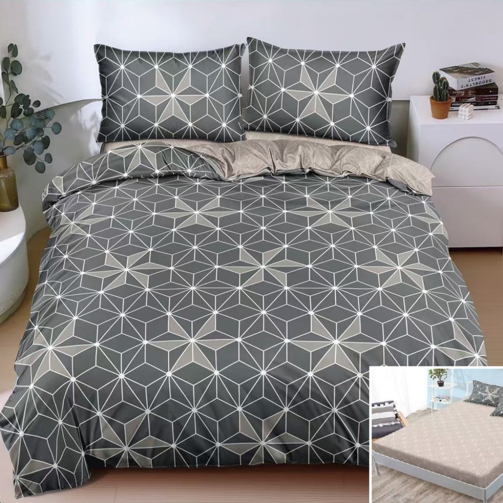 Lenjerie de pat, 2 persoane, bumbac satinat, 4 piese, cu elastic, gri și maro, cu forme geometrice, LS5027