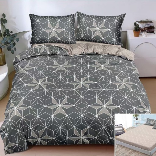 Lenjerie de pat, 2 persoane, bumbac satinat, 4 piese, cu elastic, gri și maro, cu forme geometrice, LS5027