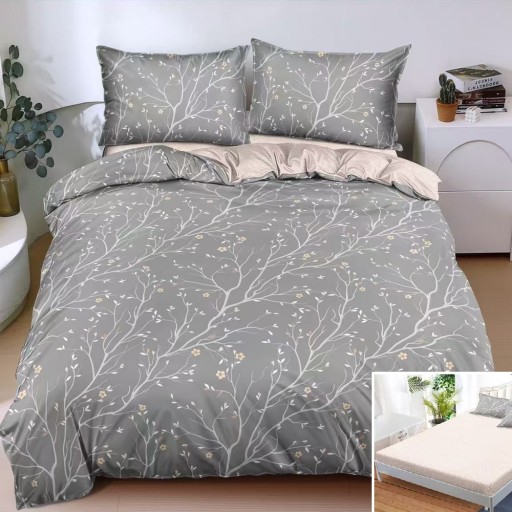 Lenjerie de pat, 2 persoane, bumbac satinat, 4 piese, cu elastic, gri și crem, cu ramuri, LS5038