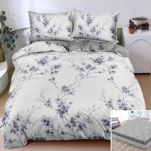 Lenjerie de pat, 2 persoane, bumbac satinat, 4 piese, cu elastic, gri și alb, cu flori și ramuri, LS5069