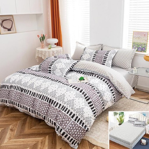 Lenjerie de pat, 2 persoane, bumbac satinat, 4 piese, cu elastic, alb , cu model tradițional, LS5080