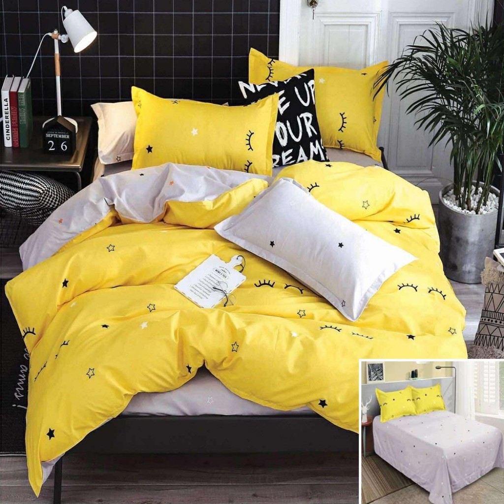 Lenjerie de pat, 2 persoane, bumbac satinat, 4 piese, cu imprimeu, LSN4276