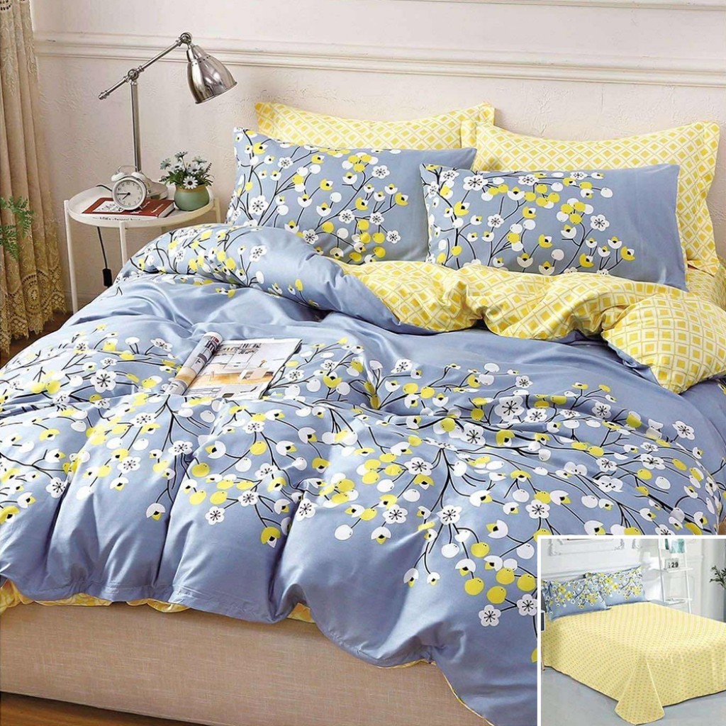 Lenjerie de pat, 2 persoane, bumbac satinat, 4 piese, cu imprimeu, LSN4437