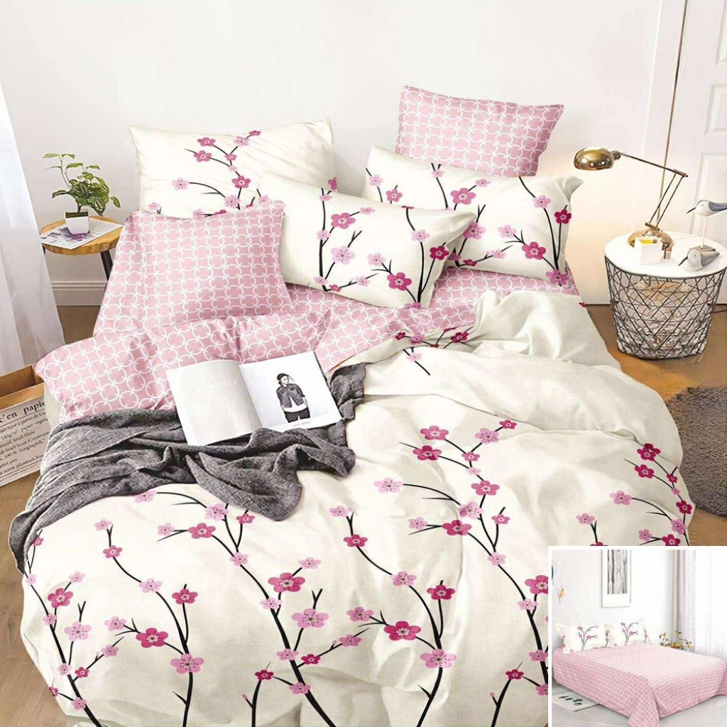 Lenjerie de pat, 2 persoane, bumbac satinat, 4 piese, cu imprimeu, LSN4551