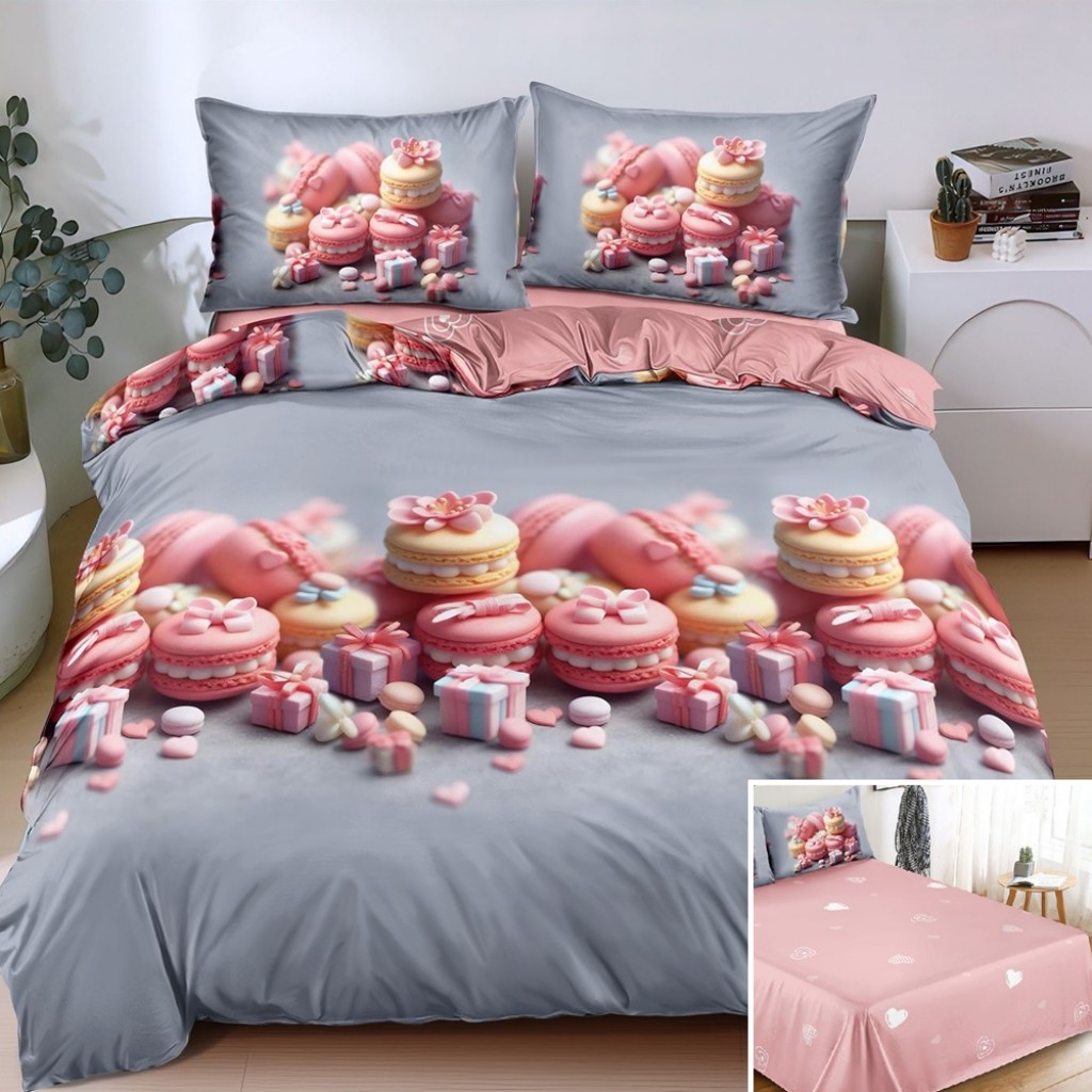 Lenjerie de pat, 2 persoane, bumbac satinat, 4 piese, cu imprimeu, LSN4713