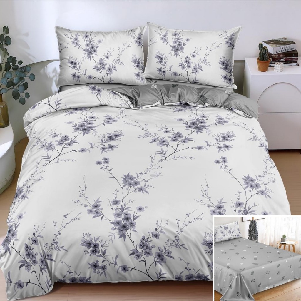 Lenjerie de pat, 2 persoane, bumbac satinat, 4 piese, cu imprimeu, LSN4641