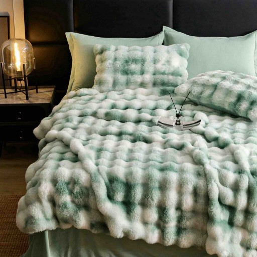 Lenjerie de pat, DeLuxe, cocolino tip blăniță iepure, 2 persoane, 6 piese, verde marmorat, CC6010