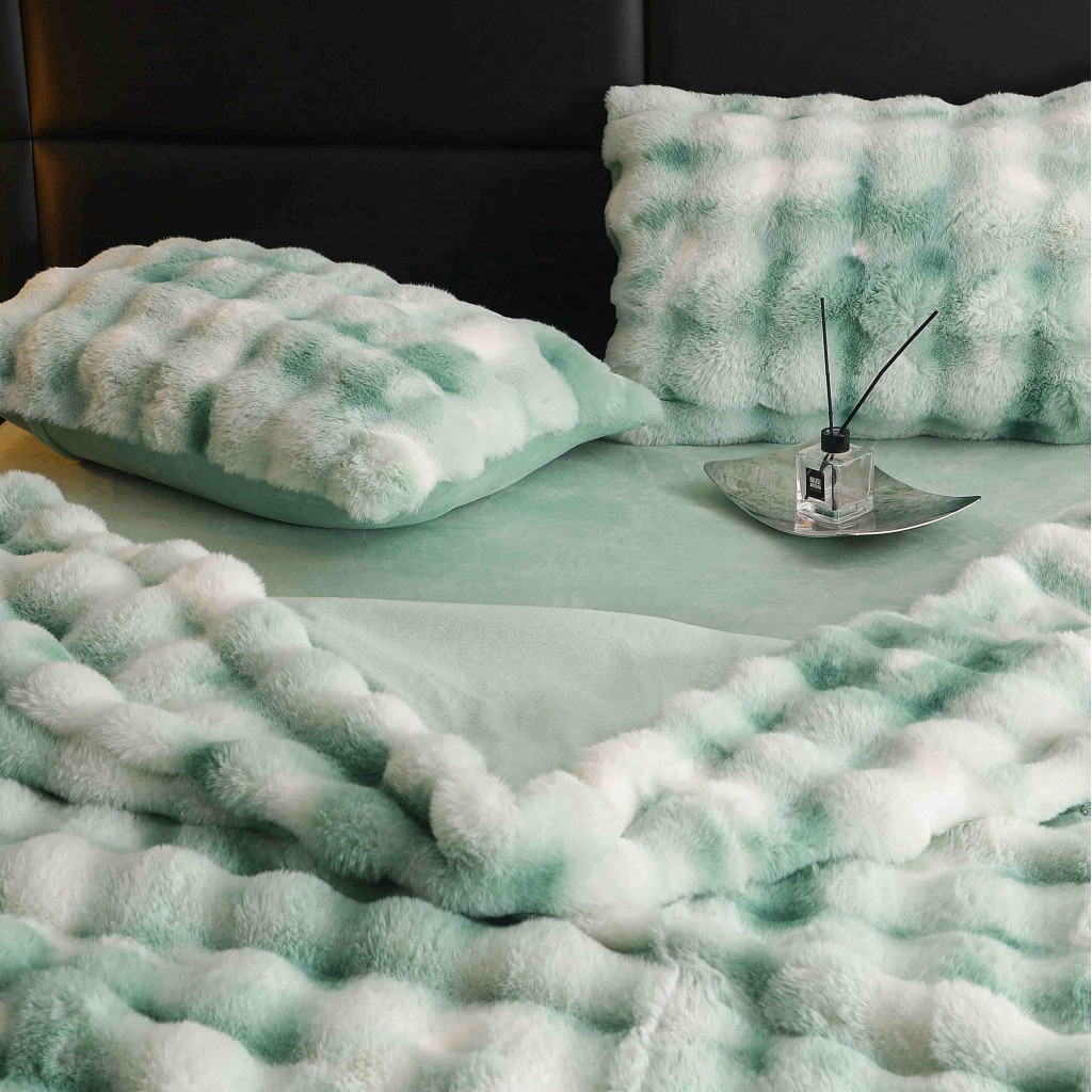 Lenjerie de pat, DeLuxe, cocolino tip blăniță iepure, 2 persoane, 6 piese, verde marmorat, CC6010
