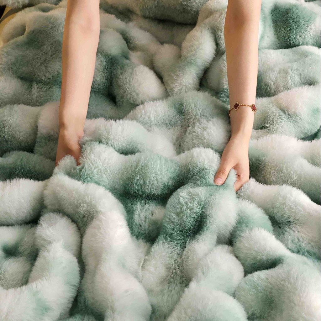 Lenjerie de pat, DeLuxe, cocolino tip blăniță iepure, 2 persoane, 6 piese, verde marmorat, CC6010