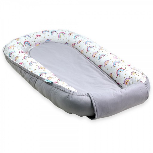 Baby Nest din bumbac, 90x50cm, culoare gri, imprimeu curcubeu, NST01