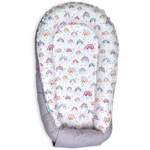 Baby Nest din bumbac, 90x50cm, culoare gri, imprimeu curcubeu, NST01