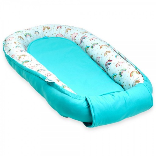 Baby Nest din bumbac, 90x50cm, culoare turcoaz, imprimeu curcubeu, NST02