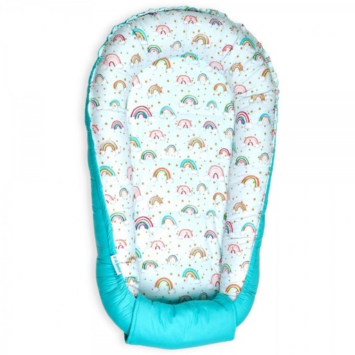 Baby Nest din bumbac, 90x50cm, culoare turcoaz, imprimeu curcubeu, NST02