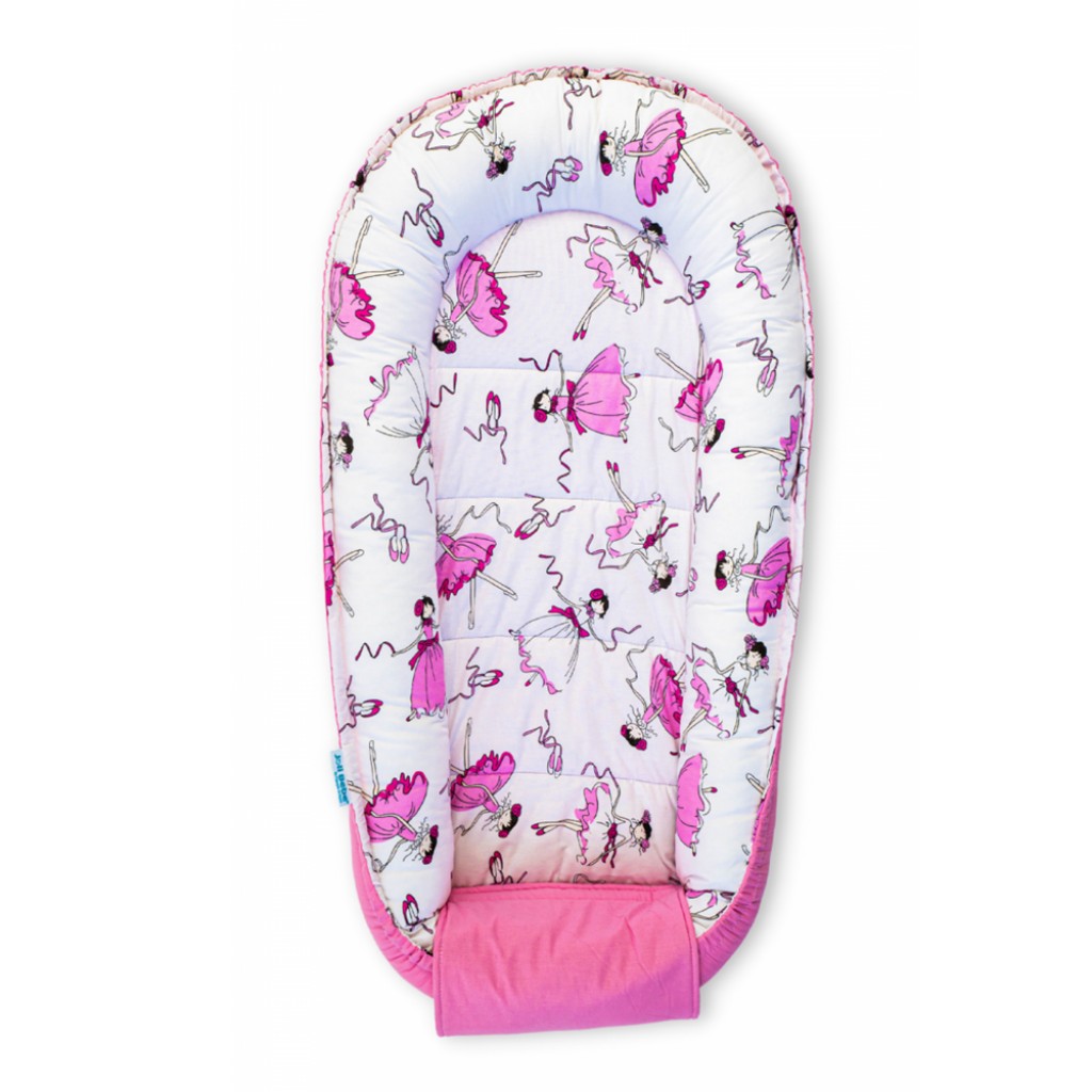 Baby Nest din bumbac, 90x50cm, culoare roz, imprimeu balerine, NST03
