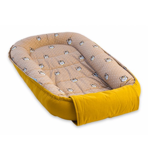 Baby Nest din bumbac, 90x50cm, culori galben și crem, imprimeu bufnițe, NST04