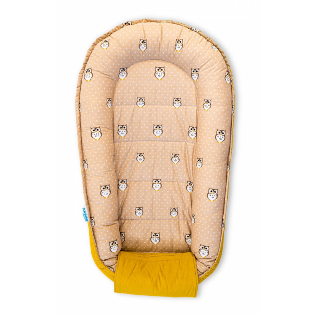 Baby Nest din bumbac, 90x50cm, culori galben și crem, imprimeu bufnițe, NST04
