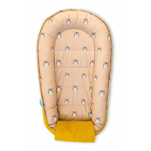 Baby Nest din bumbac, 90x50cm, culori galben și crem, imprimeu bufnițe, NST04