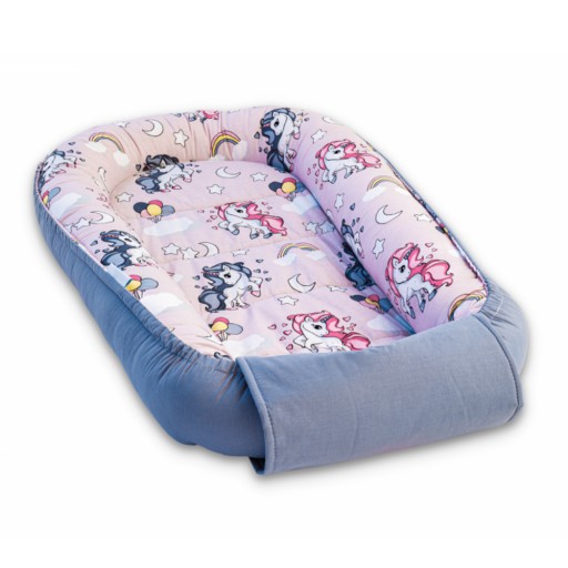 Baby Nest din bumbac, 90x50cm, culori gri și crem, imprimeu ponei, NST05