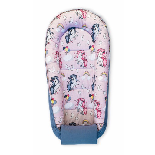 Baby Nest din bumbac, 90x50cm, culori gri și crem, imprimeu ponei, NST05