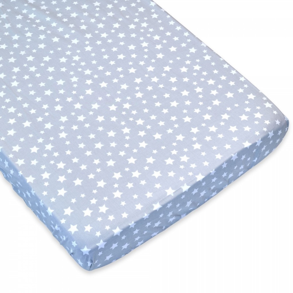 Cearceaf cu elastic, 120x60cm, pentru pătuț copii, gri imprimeu steluțe albe, CEC07