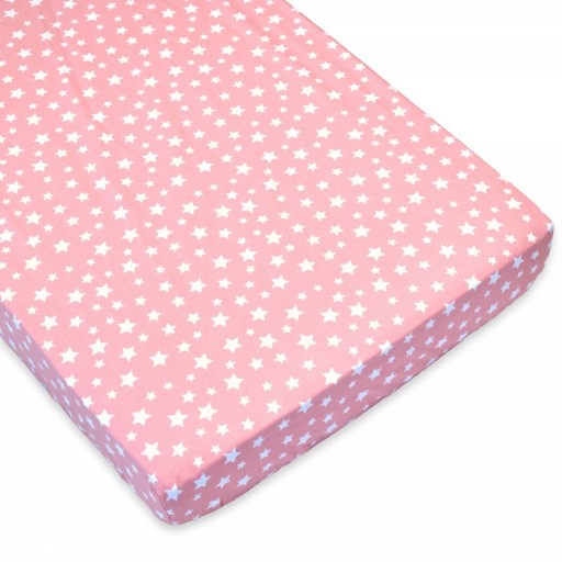 Cearceaf cu elastic, 120x60cm, pentru pătuț copii, roz imprimeu steluțe albe, CEC08