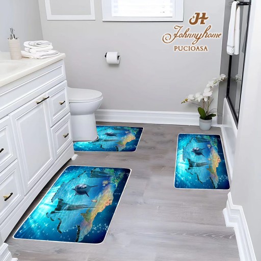 Set 3 covorașe baie, antiderapante, cu broderie și imprimeu 3D, CB04