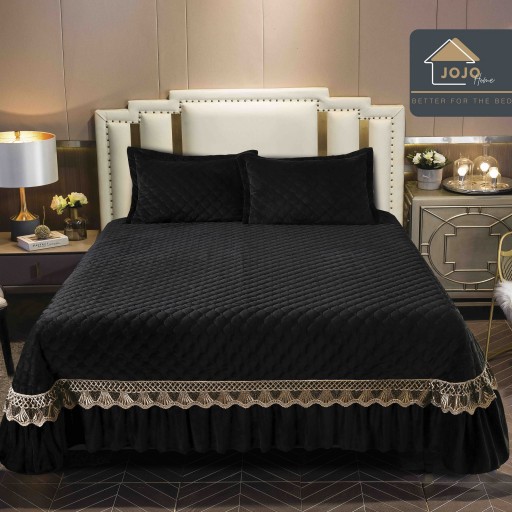 Cuvertura DeLuxe Catifea, matlasată, cu broderie, 3 piese, pat dublu, 220x240cm, negru , CV914
