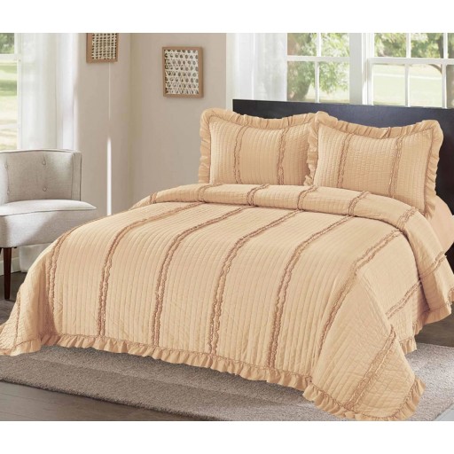 Cuvertură de pat, cu volănașe, bumbac satinat, 3 piese, pat dublu, 230x250cm, uni, crem , CVB352