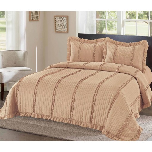 Cuvertură de pat, cu volănașe, bumbac satinat, 3 piese, pat dublu, 230x250cm, uni, crem închis, CVB353