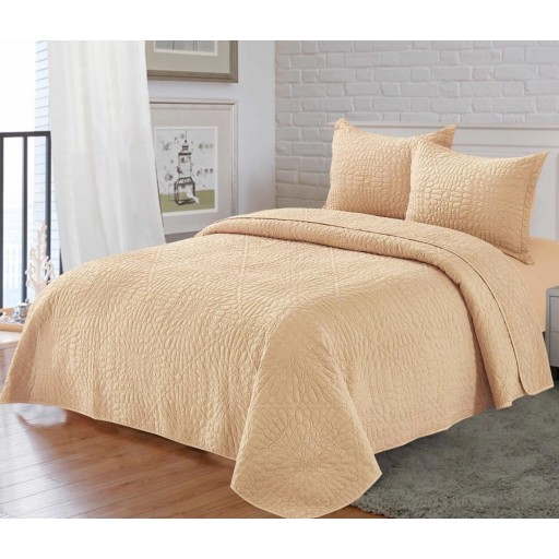 Cuvertură de pat, matlasată, bumbac satinat, 3 piese, pat dublu, 230x250cm, uni, crem , CVB302