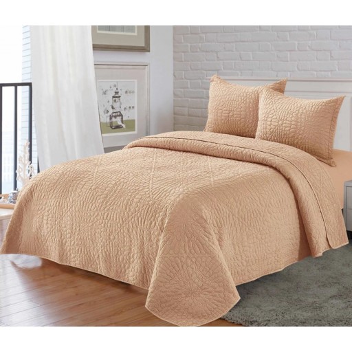 Cuvertură de pat, matlasată, bumbac satinat, 3 piese, pat dublu, 230x250cm, uni, crem închis, CVB303