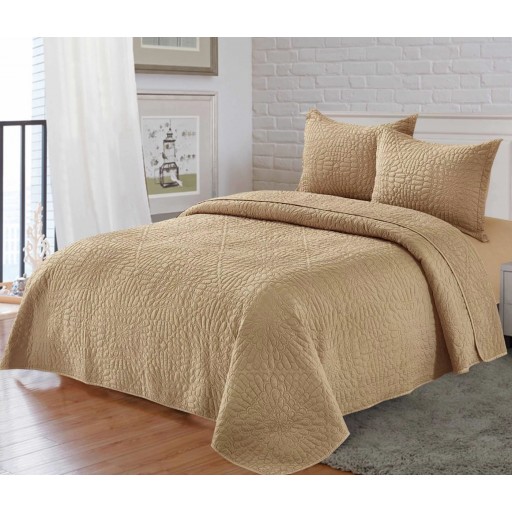 Cuvertură de pat, matlasată, bumbac satinat, 3 piese, pat dublu, 230x250cm, uni, maro, CVB304