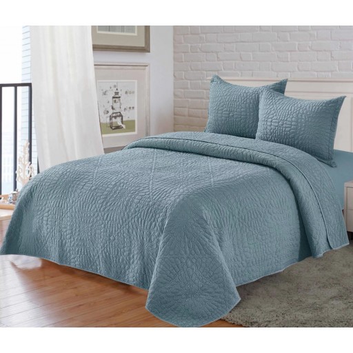 Cuvertură de pat, matlasată, bumbac satinat, 3 piese, pat dublu, 230x250cm, uni, albastru, CVB307