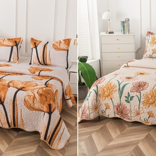 Cuvertura de pat, cu două fețe, matlasată, din bumbac, 3 piese, pat dublu, 230x250cm, cu imprimeu, CV3001