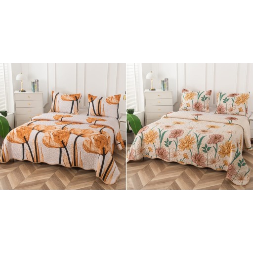 Cuvertura de pat, cu două fețe, matlasată, din bumbac, 3 piese, pat dublu, 230x250cm, cu imprimeu, CV3001